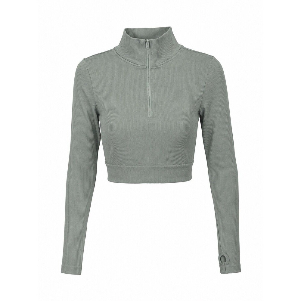 O to S OTOS Active Women’s L Sage Ribbed Cropped 1/4 Zip Workout Top Thumbholes